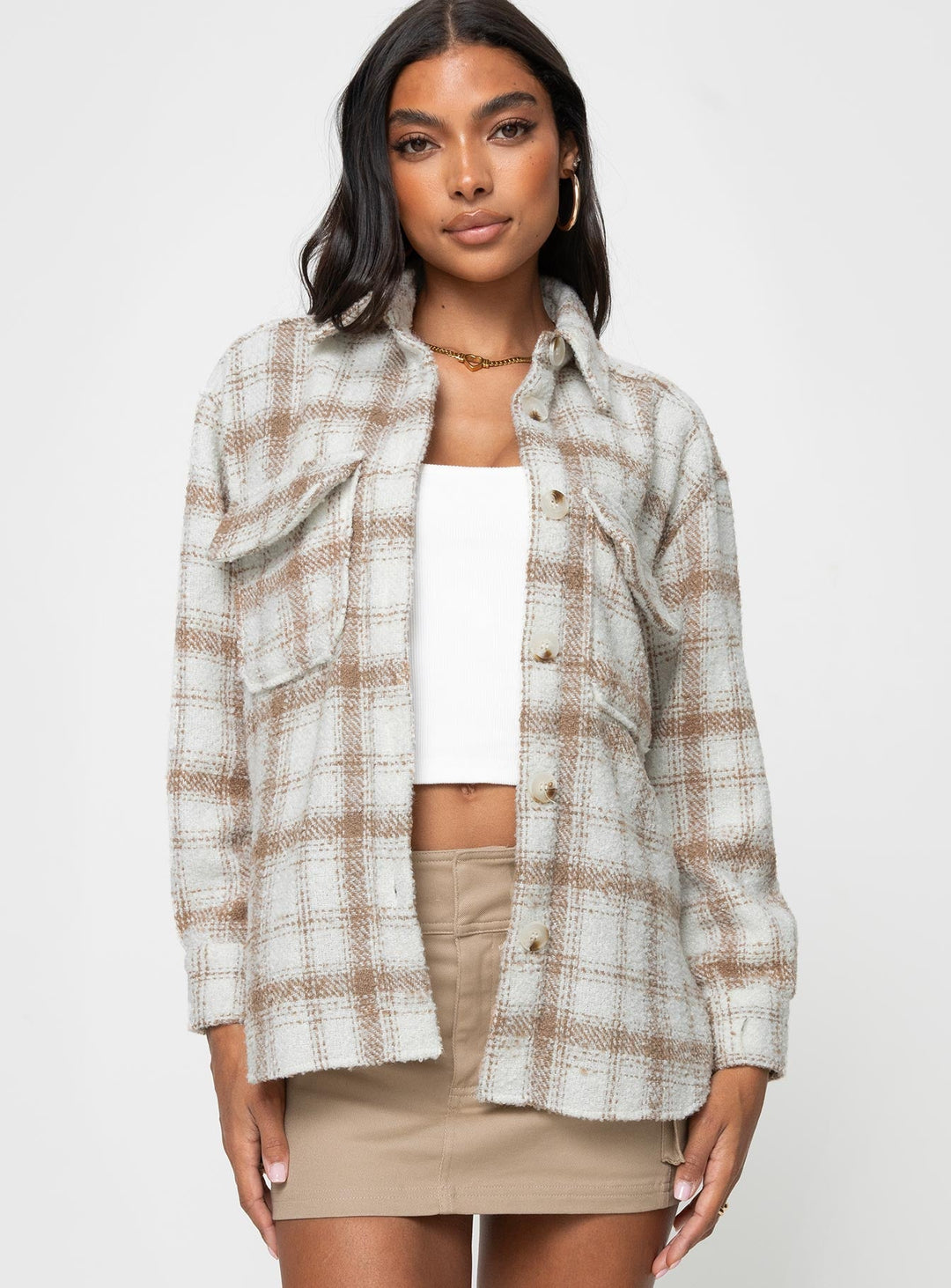 Tenelle Oversized Shacket Beige Plaid