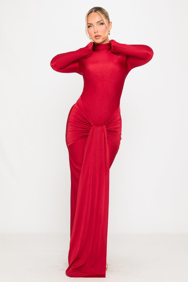 Robe longue sarong moulante en jersey rouge à col roulé