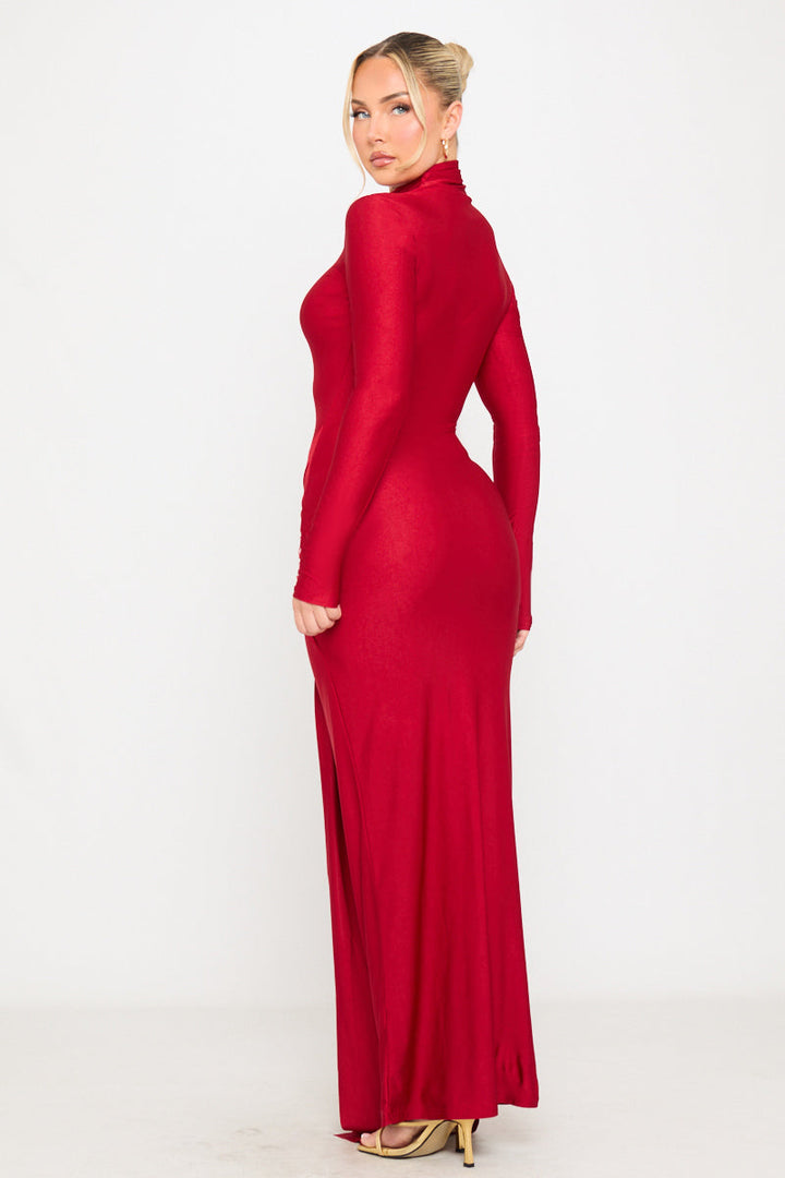 Robe longue sarong moulante en jersey rouge à col roulé