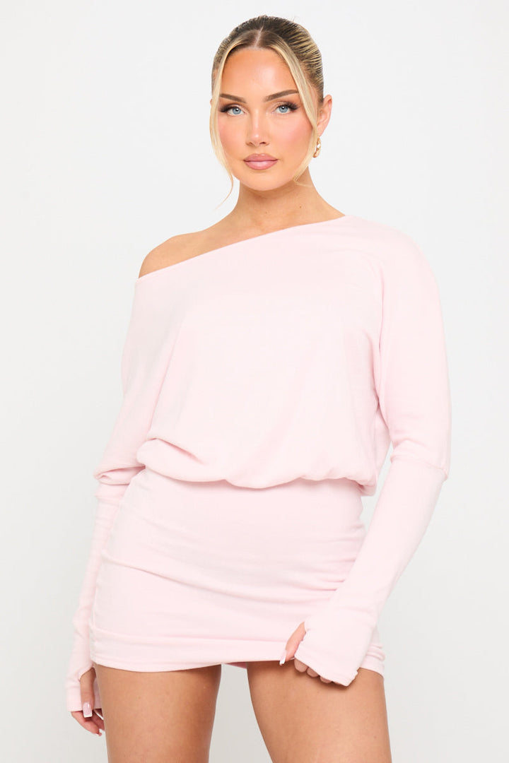 Pink Off Shoulder Knit Long Sleeve Mini Dress