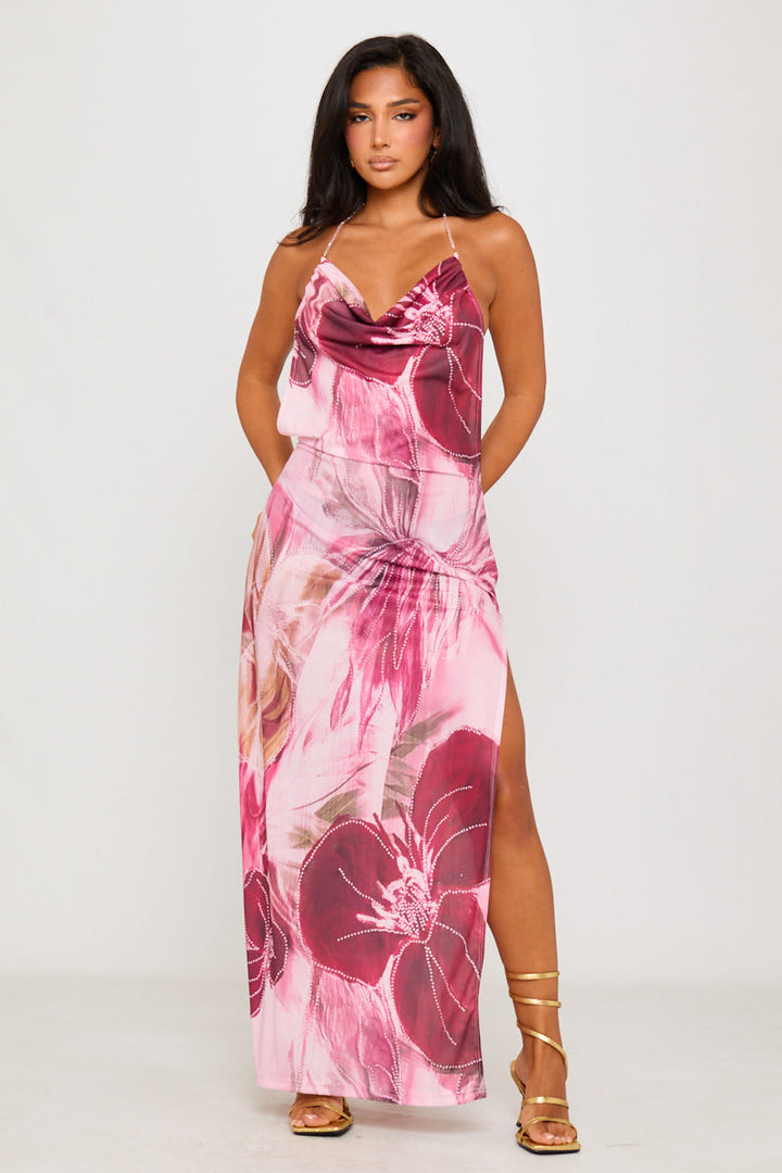 Robe longue dos nu en mousseline de soie à imprimé floral et perles roses