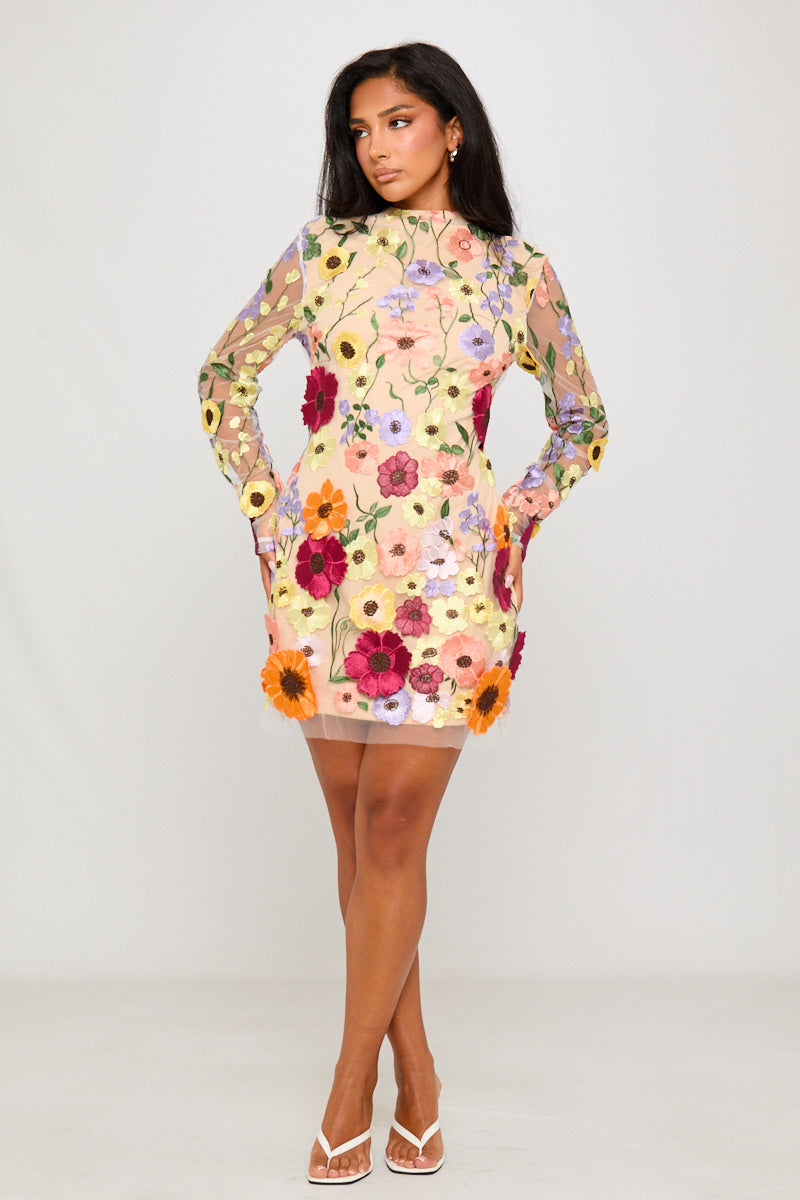 Mini-robe dos nu brodée de fleurs nude