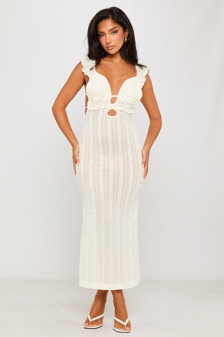 Cream Lace Ruffle Detail Open Back Maxi Dress