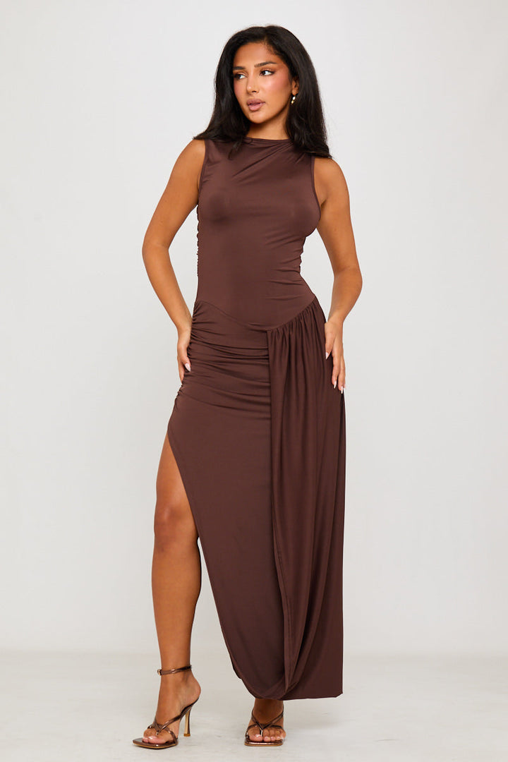 Brown Pleated Asymmetric Thigh Split Maxi Dress