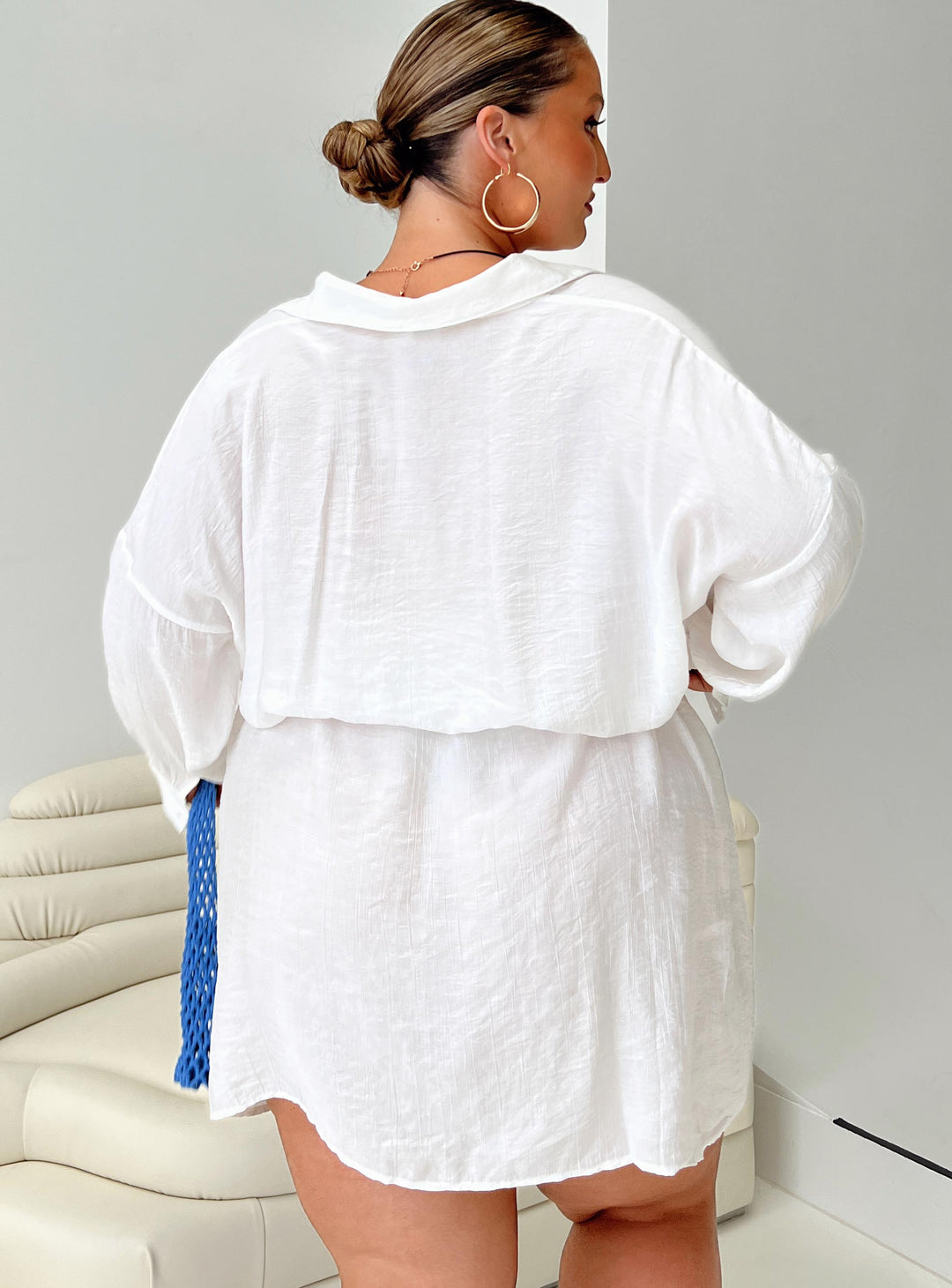 Bilari Textured Fabric Shirt Dress White Curve