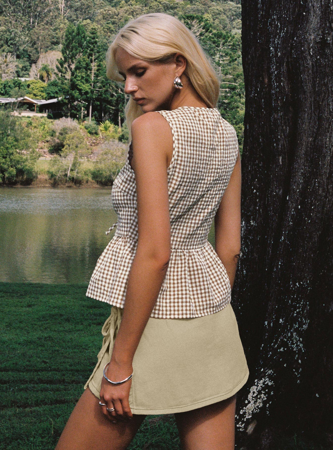 Rosellah Tie Up Top Brown Check