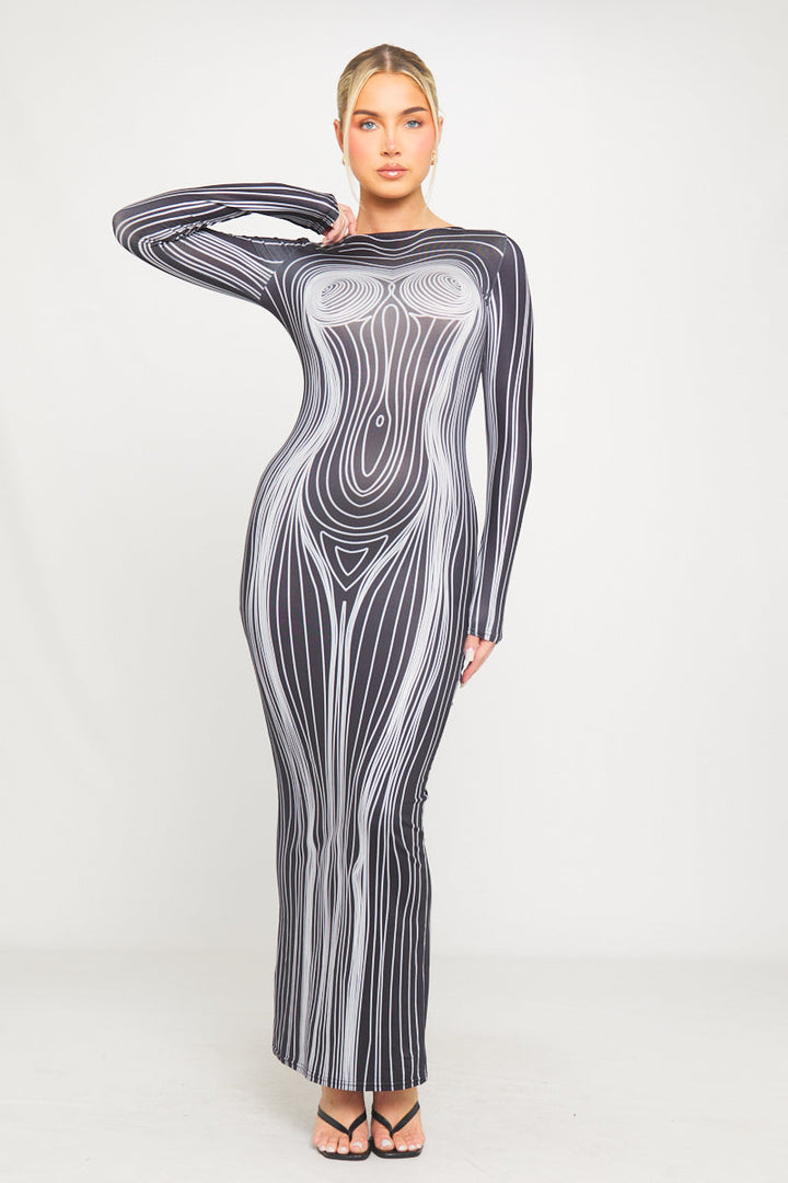 Weißes, figurbetontes Maxikleid mit offenem Rücken und Body Map-Print