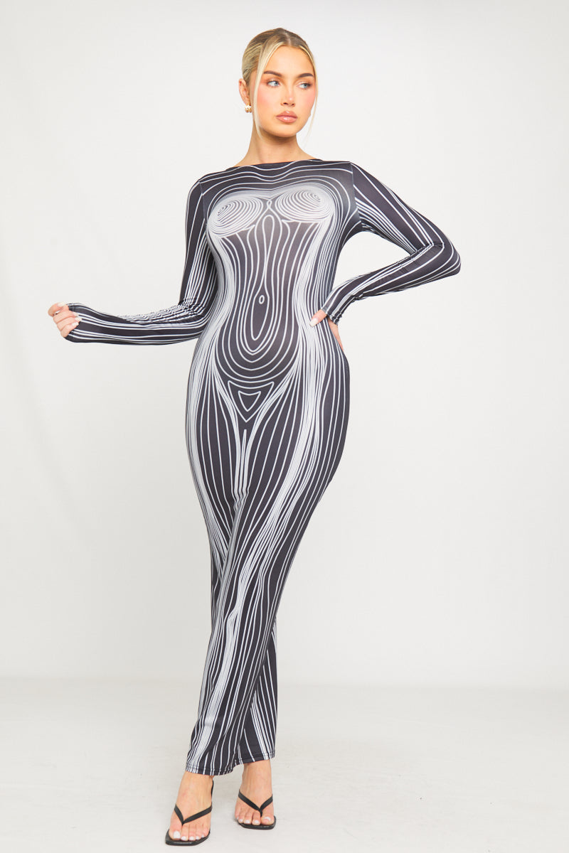Weißes, figurbetontes Maxikleid mit offenem Rücken und Body Map-Print