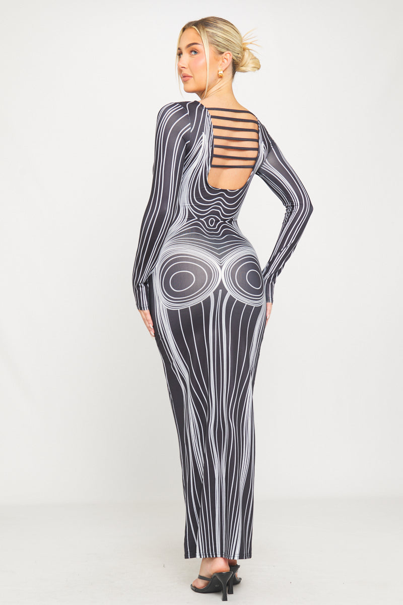 Weißes, figurbetontes Maxikleid mit offenem Rücken und Body Map-Print