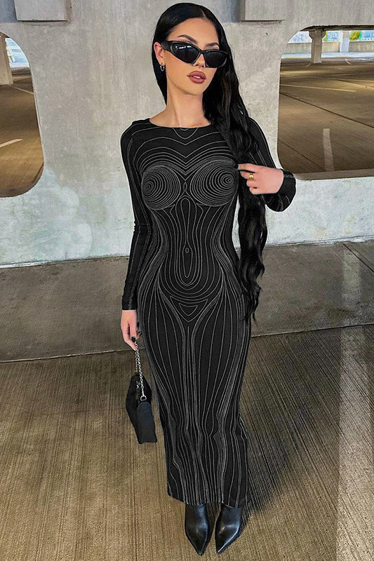 Weißes, figurbetontes Maxikleid mit offenem Rücken und Body Map-Print