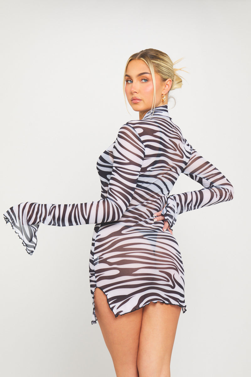 Mini-robe à manches longues en maille transparente à imprimé floral zèbre