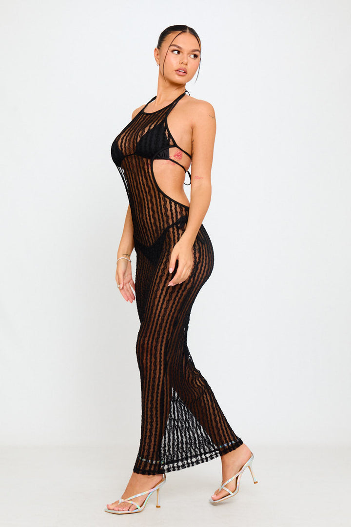 Schwarzes Neckholder-Maxikleid mit transparenter Spitze