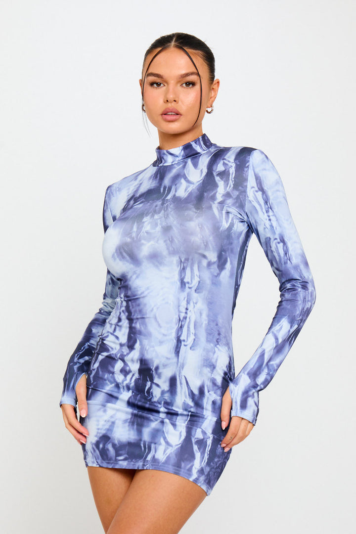 Blaues, hochgeschlossenes, langärmliges Minikleid mit geometrischem Print