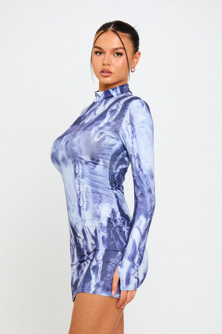 Blaues, hochgeschlossenes, langärmliges Minikleid mit geometrischem Print
