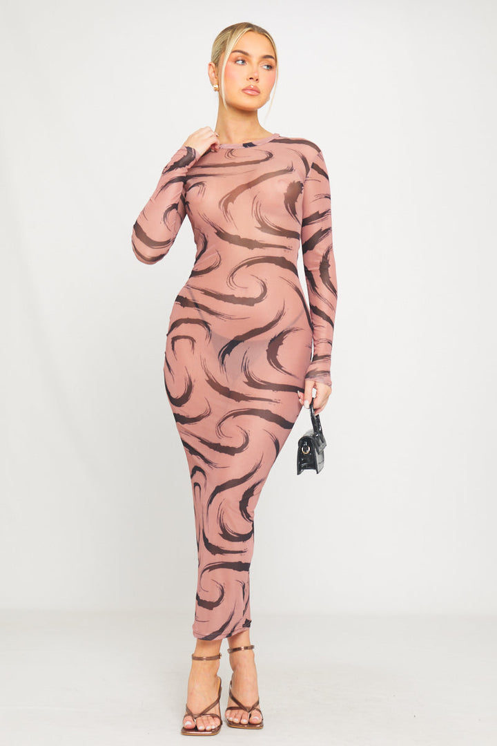Robe longue à manches longues en maille transparente imprimée moka