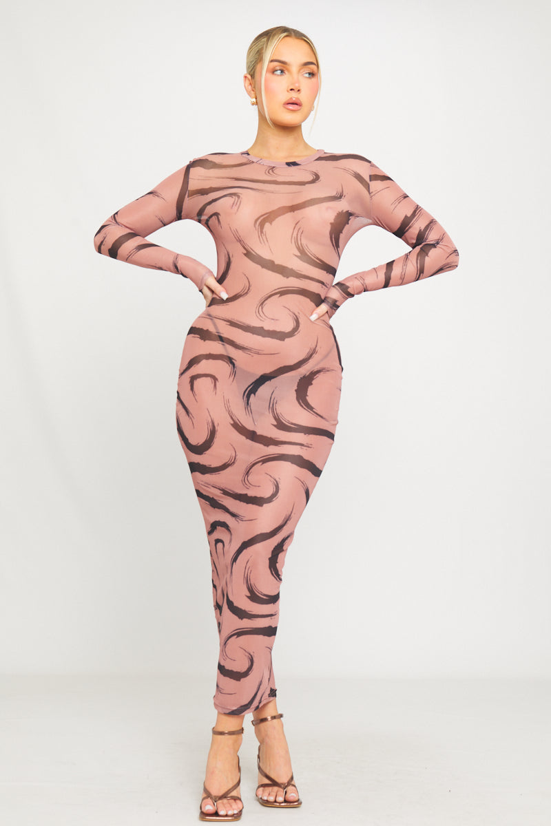 Robe longue à manches longues en maille transparente imprimée moka