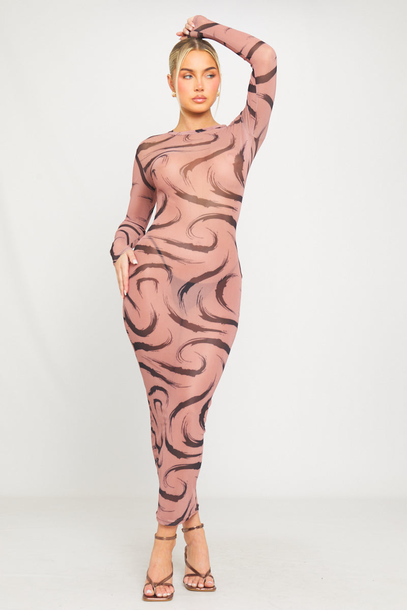 Robe longue à manches longues en maille transparente imprimée moka