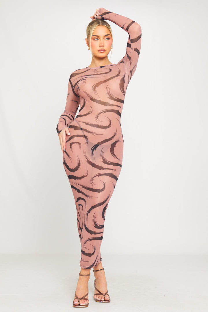 Robe longue à manches longues en maille transparente imprimée moka