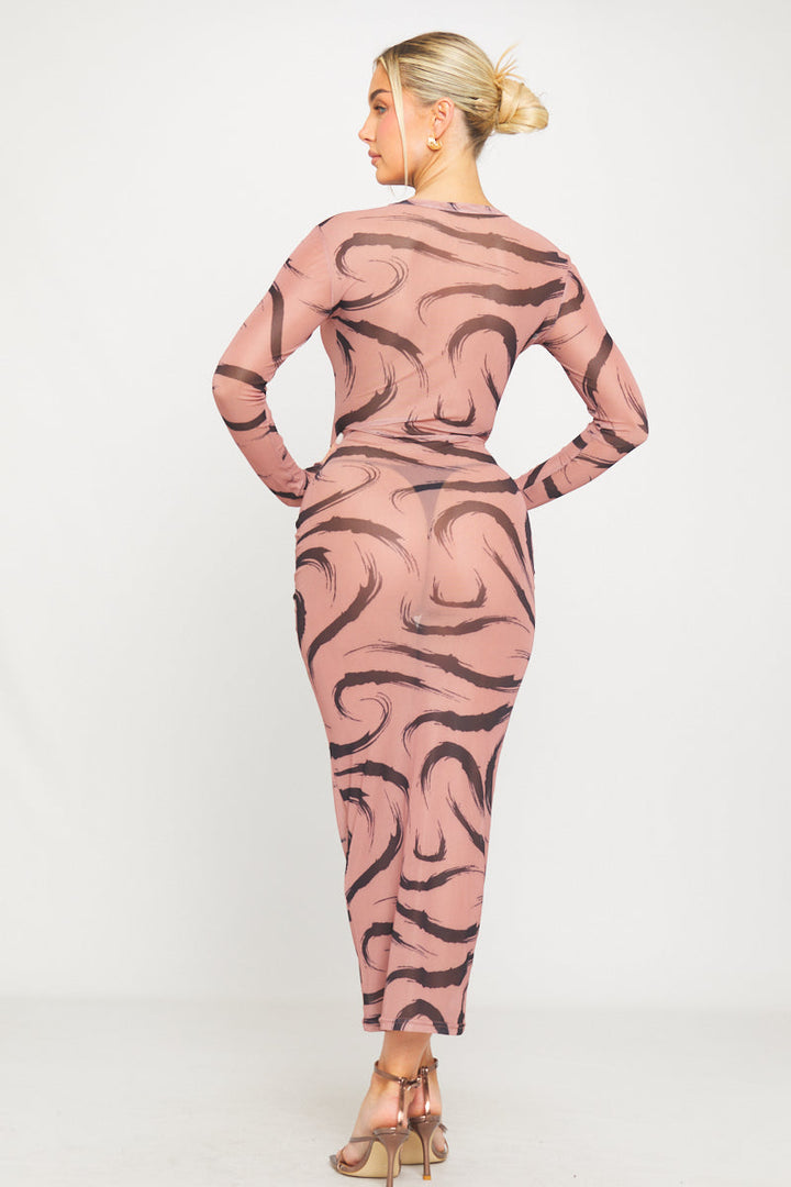 Robe longue à manches longues en maille transparente imprimée moka
