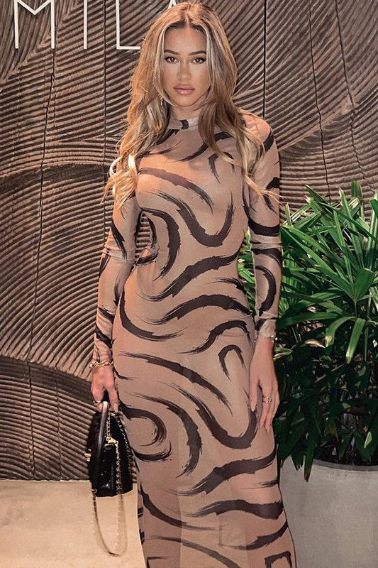 Robe longue à manches longues en maille transparente imprimée moka