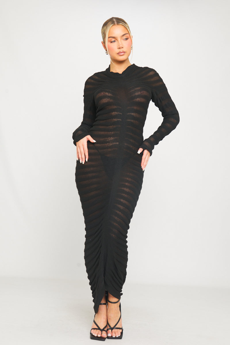 Schwarzes, hochgeschlossenes, transparentes Strick-Midikleid mit langen Ärmeln