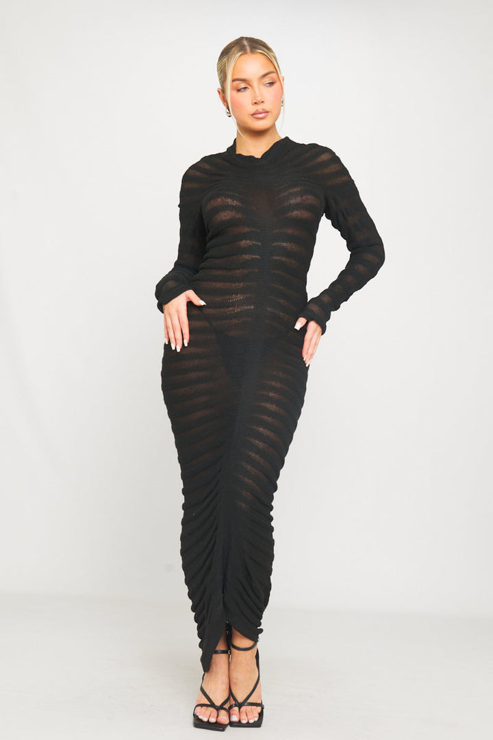 Schwarzes, hochgeschlossenes, transparentes Strick-Midikleid mit langen Ärmeln