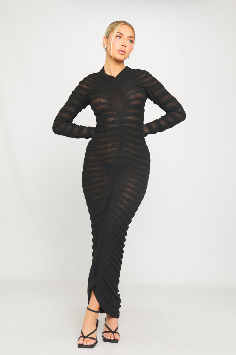 Schwarzes, hochgeschlossenes, transparentes Strick-Midikleid mit langen Ärmeln