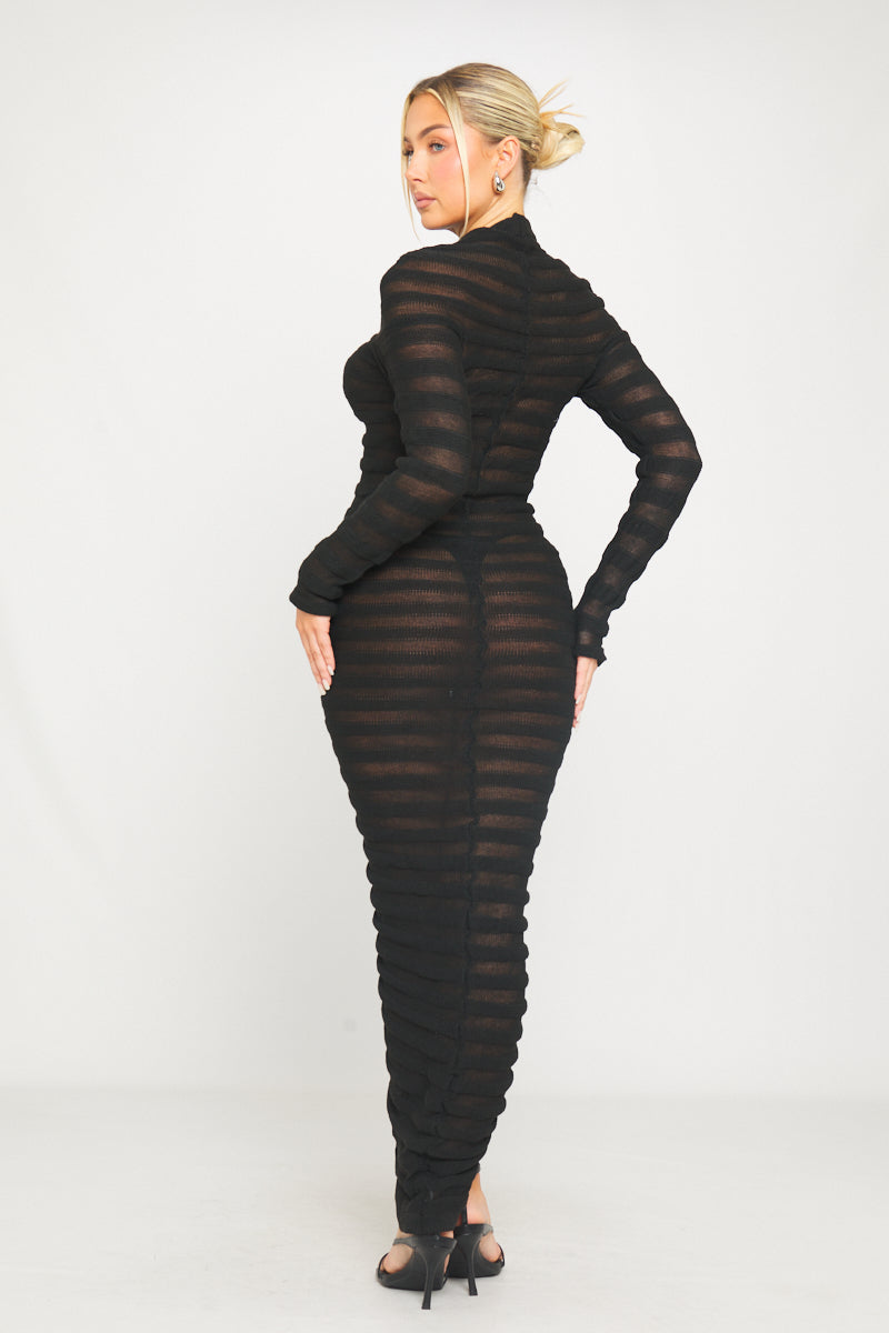 Schwarzes, hochgeschlossenes, transparentes Strick-Midikleid mit langen Ärmeln