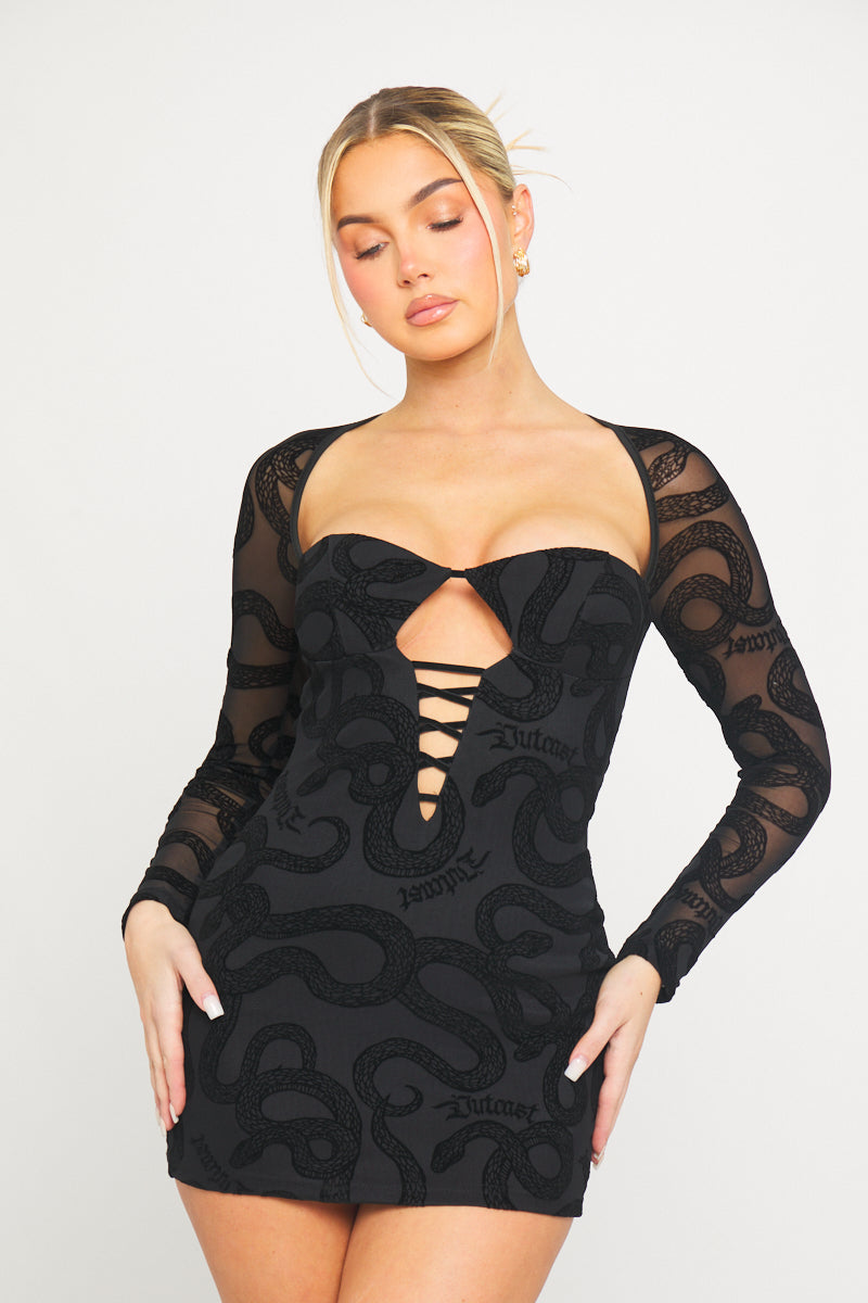 Schwarzes Bustier-Minikleid mit transparenten Ärmeln und Schlangenmuster