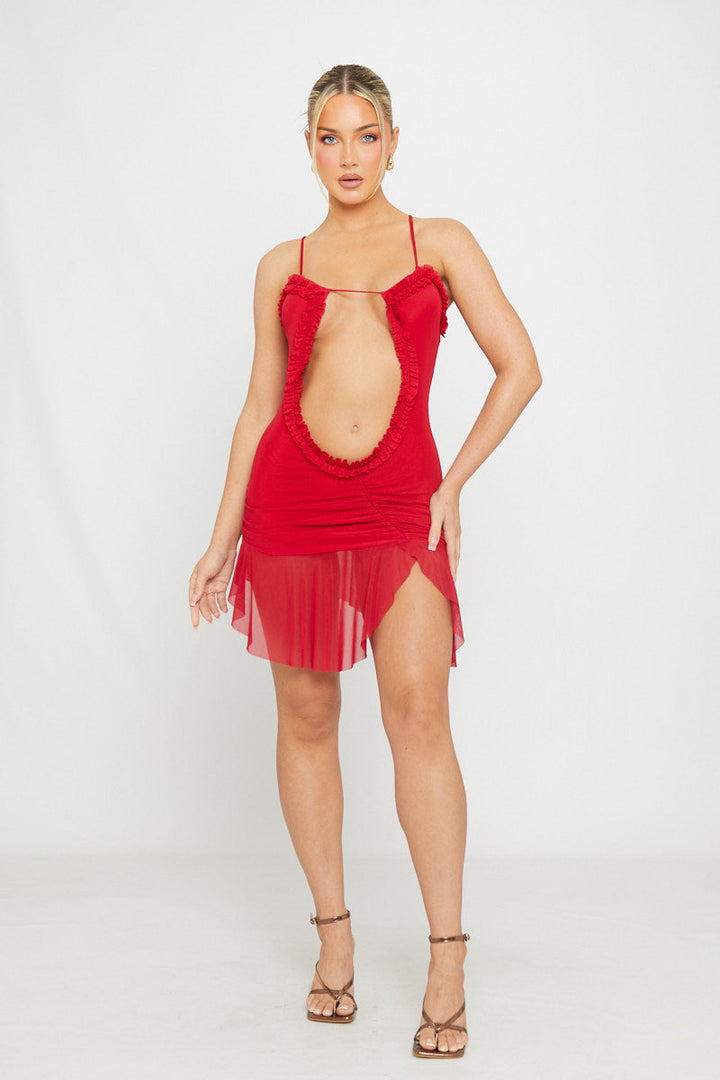 Mini-robe rouge en maille découpée à volants