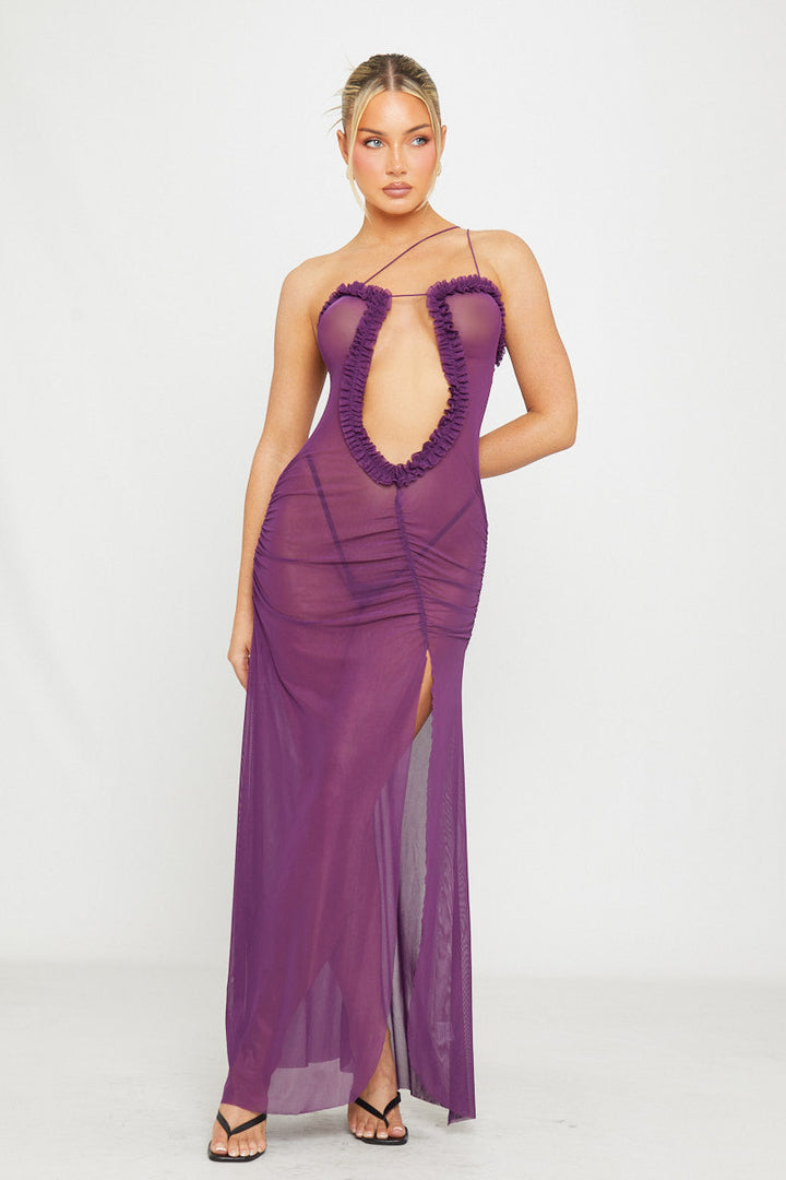 Robe longue froncée à volants et découpes en maille violette