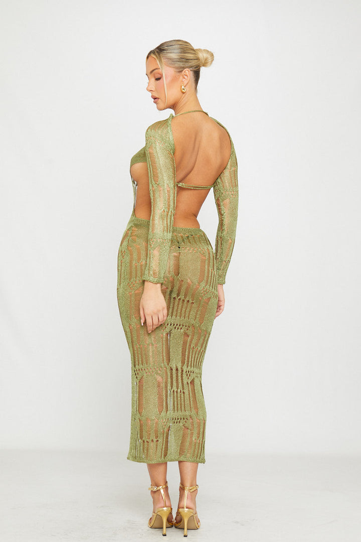 Robe longue dos nu en tricot vert mousse