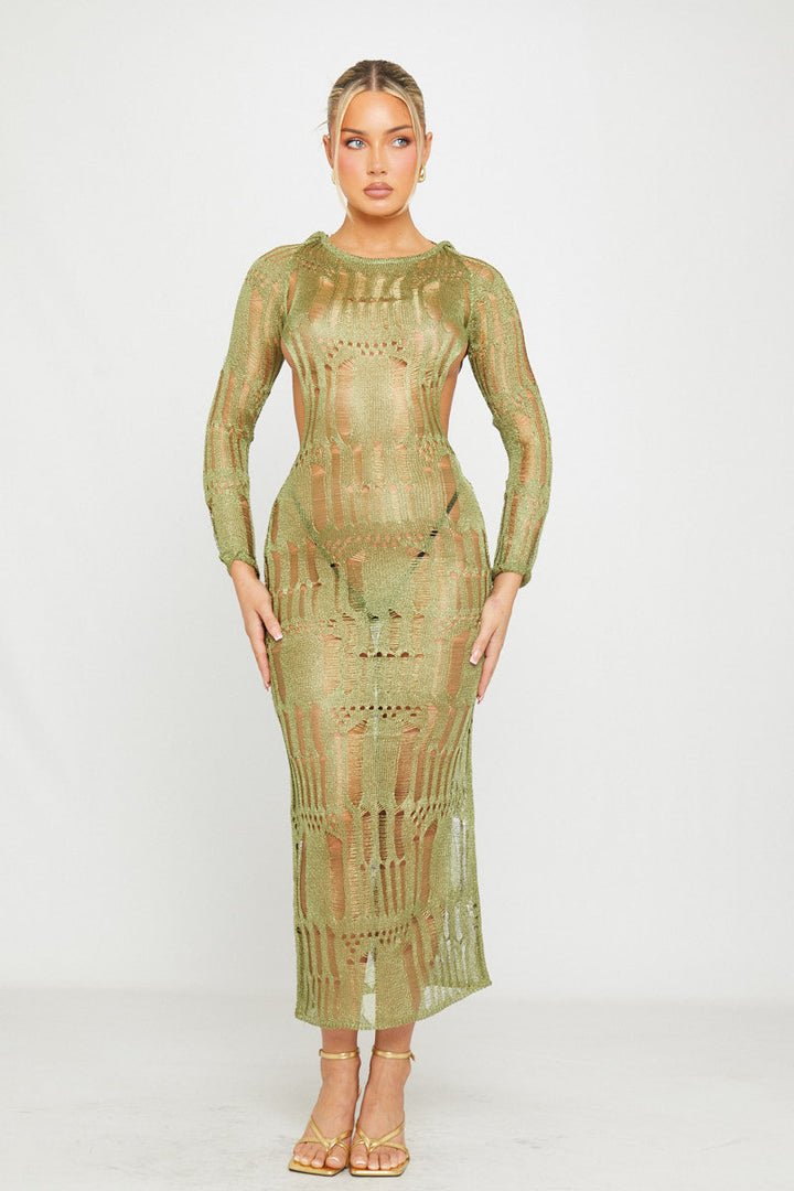 Robe longue dos nu en tricot vert mousse