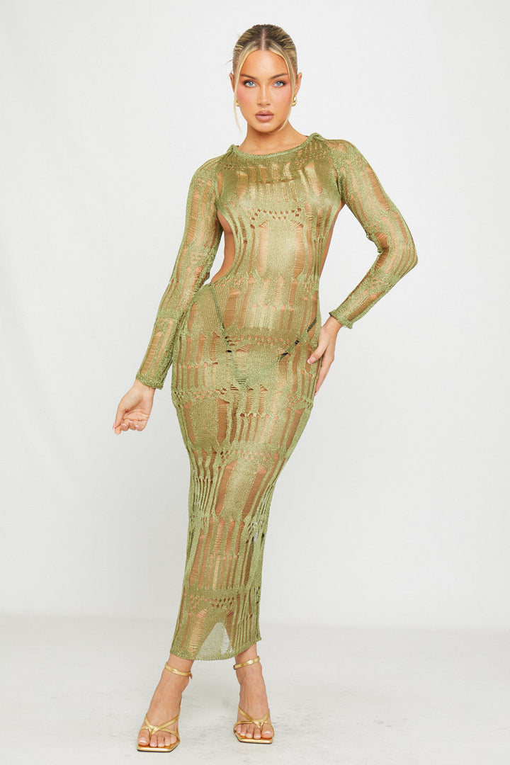 Robe longue dos nu en tricot vert mousse