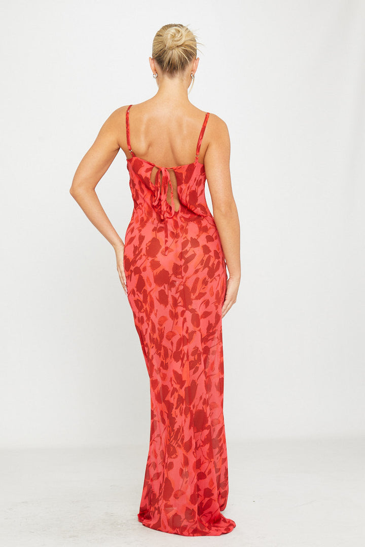 Red Floral Print Sheer Cowl Neck Tie Back Maxi Dress