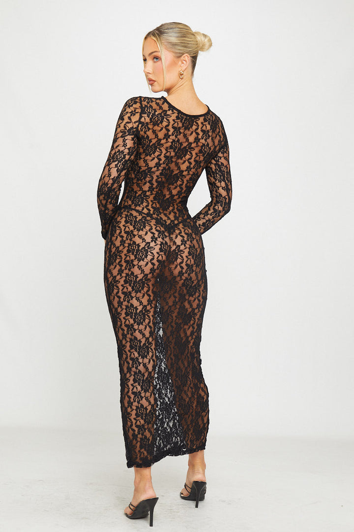 Schwarzes, langärmliges, figurbetontes Maxikleid aus transparenter Spitze