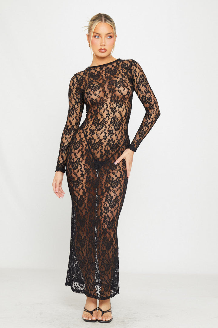 Schwarzes, langärmliges, figurbetontes Maxikleid aus transparenter Spitze