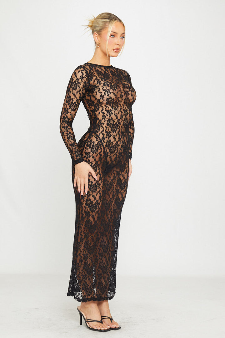 Schwarzes, langärmliges, figurbetontes Maxikleid aus transparenter Spitze