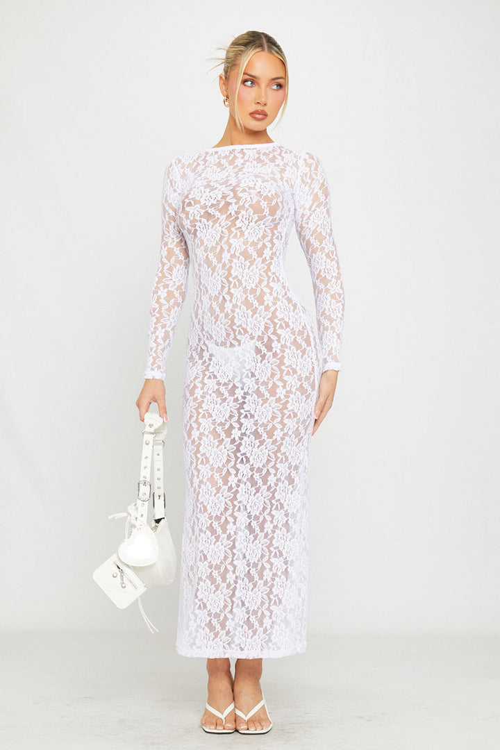 Robe longue moulante blanche à manches longues en dentelle transparente