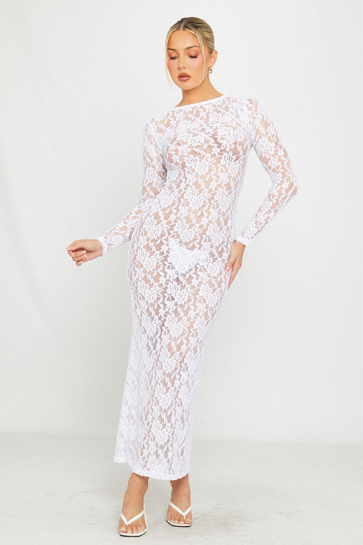 Robe longue moulante blanche à manches longues en dentelle transparente