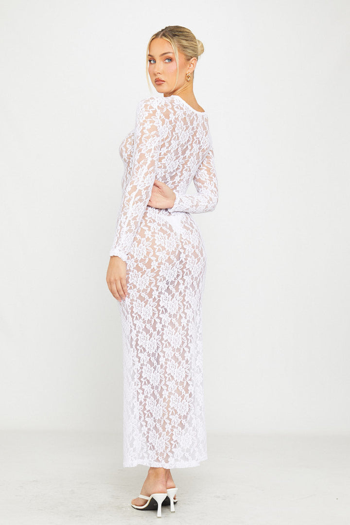 Robe longue moulante blanche à manches longues en dentelle transparente