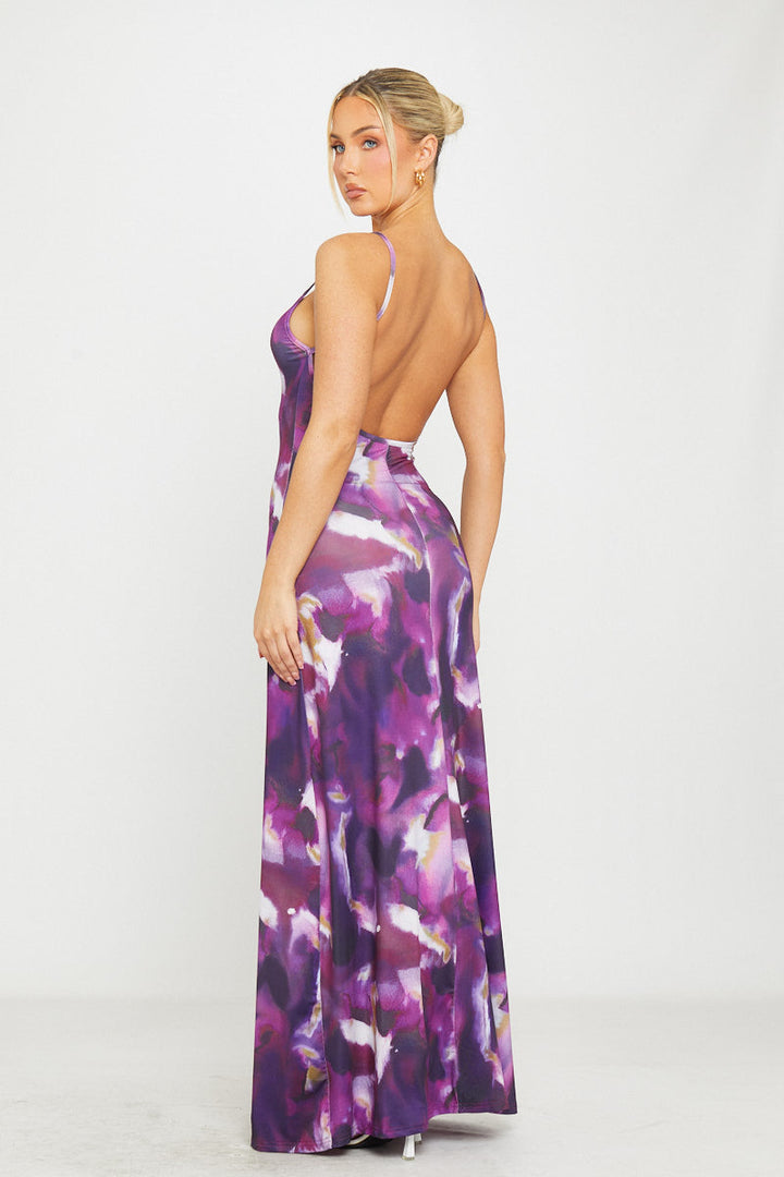 Purple Floral Print Strappy Backless Maxi Dress