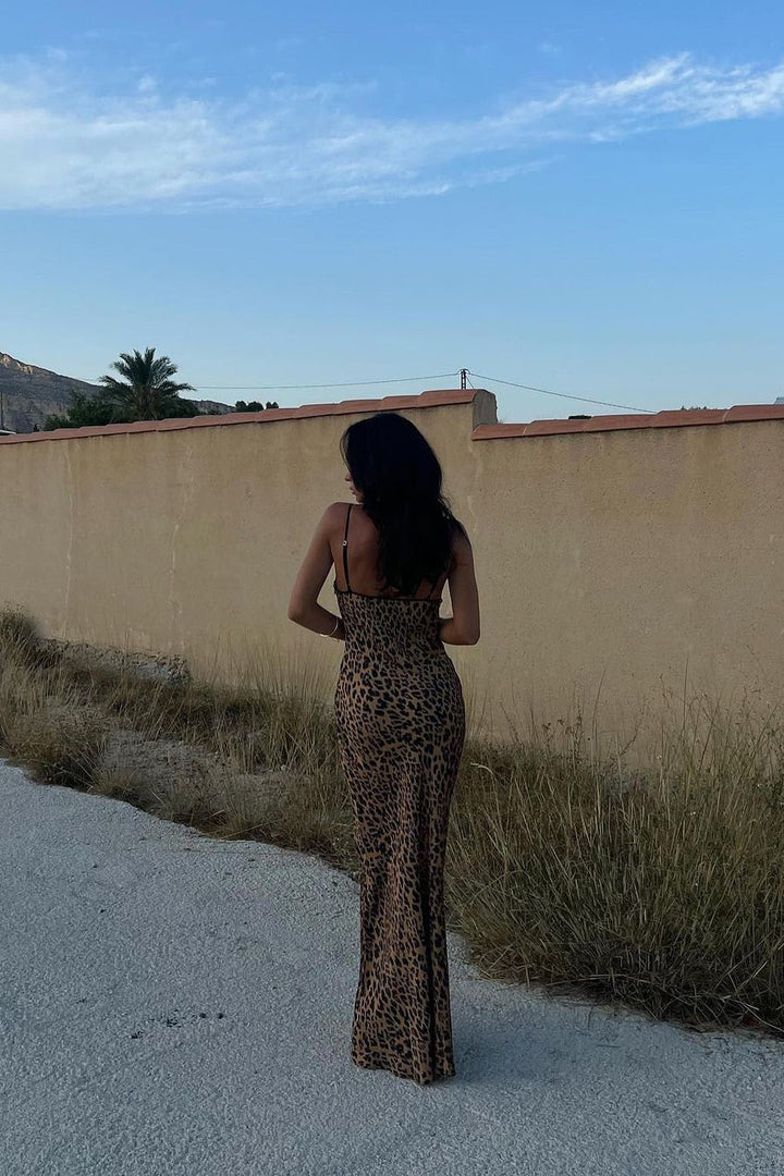 Leopard Print Keyhole Cut Out Strappy Maxi Dress