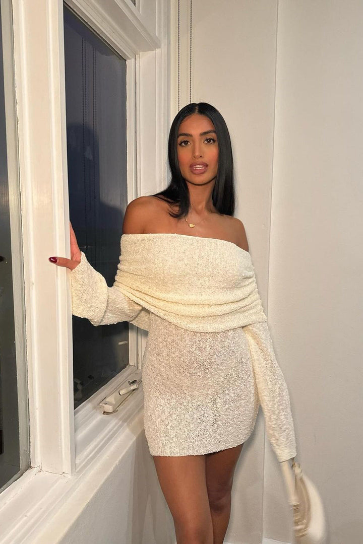 Ivory Knit Off Shoulder Boucle Mini Dress
