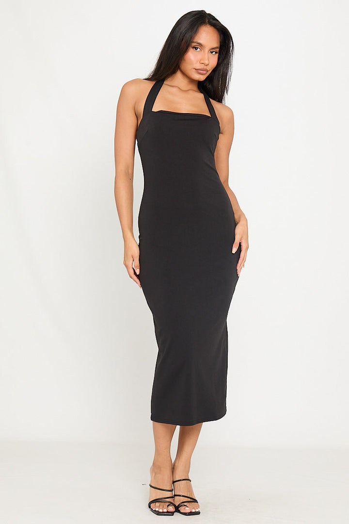 Schwarzes Neckholder-Midikleid mit figurbetontem Schnitt