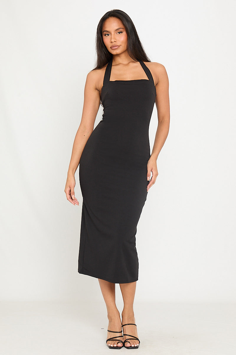 Schwarzes Neckholder-Midikleid mit figurbetontem Schnitt