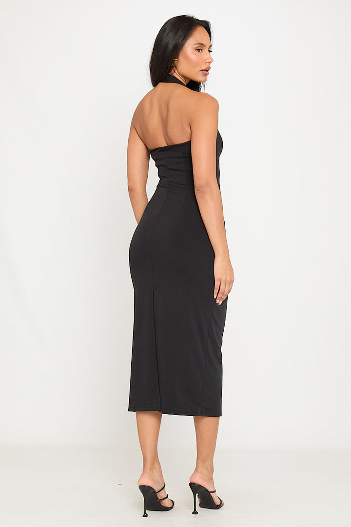 Schwarzes Neckholder-Midikleid mit figurbetontem Schnitt