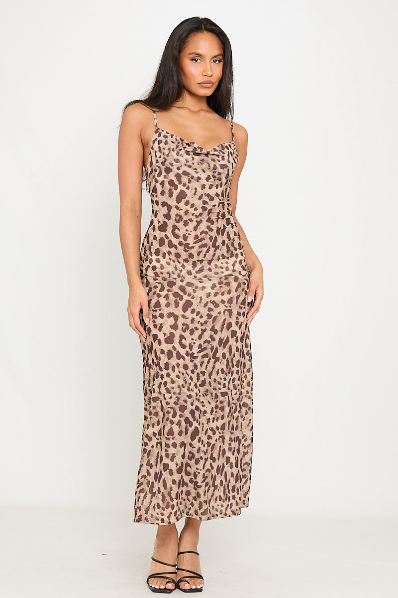 Robe longue à bretelles et col bénitier à imprimé léopard